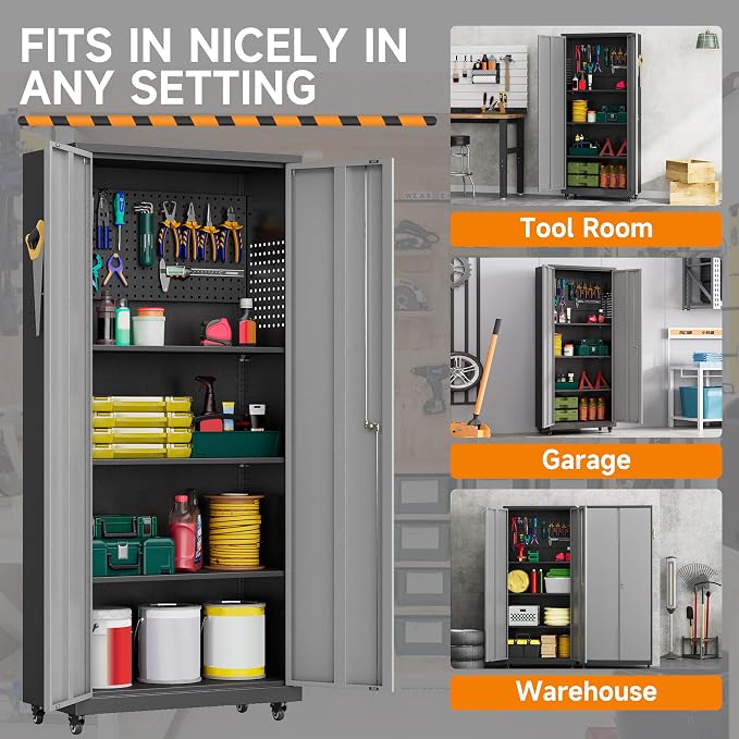 71''H Garage Storage Cabinet, Meatl Storage Cabinet with Lock | Tool Storage Cabinet, Steel Tool Cabinet with 2 Doors and Shelves for Garage, Warehouse, Assembly Required, Gray