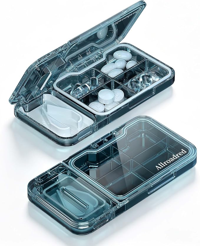 2-in-1 Pill Cutter and Splitter with Pill Organizer, Airtight Moisture-Proof Pill Case, Stainless Steel Blade for Tablets, Vitamins & Supplements, Travel Pill Case (Vast Sea Blue)