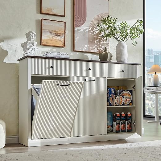 IFGET Triple Tilt Out Trash Can Cabinet, Modern Fluted Laundry Hamper Cabinet with 3 Drawers, 20 Gallon Hidden Wooden Garbage Can Cabinet w/Storage Basket & Adjustable Shelf, for Kitchen, White