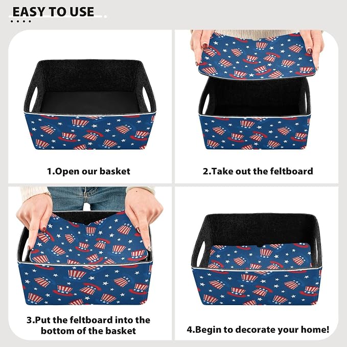 Emelivor 4th July Basket Bins Set (2pcs) Felt Foldable Storage Bins with Dual Handles Dog Basket for Office Bedroom Closet Babies Nursery