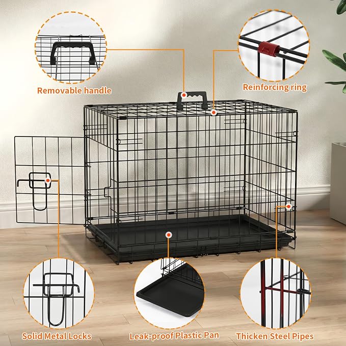 FDW Dog Crate 24-Inch Dog Cage Single Door Foldable Metal Kennel with Leakproof Tray Foldable Design Indoor Outdoor Use for Small Dogs,Dark Black