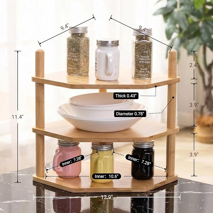 3-Tier Bamboo Corner Shelf, Kitchen Countertop Storage Organizer, Cabinet Plate Rack for Pantry Organization, Bathroom, Desktop, 9.4 x 9.4 x 11.4 Inch