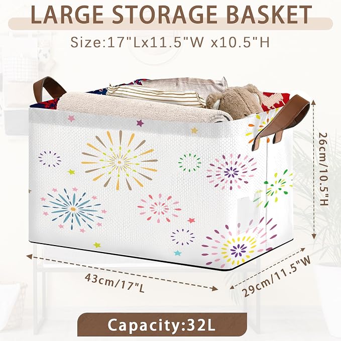 Colorful Fireworks Pattern Collapsible Storage Box - 17x11.5x10.5 Inch Foldable Organizer for Seasonal Decorations, Event Decor, Home Storage - Single Pack