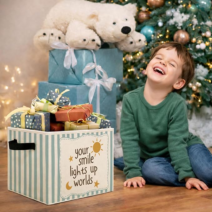 Smile Quote Storage Bin, Foldable Fabric Basket for Kids Room Classroom | Foldable fabric storage bin with smile quote design for toys, books, clothes, nursery, classroom, and playroom use.