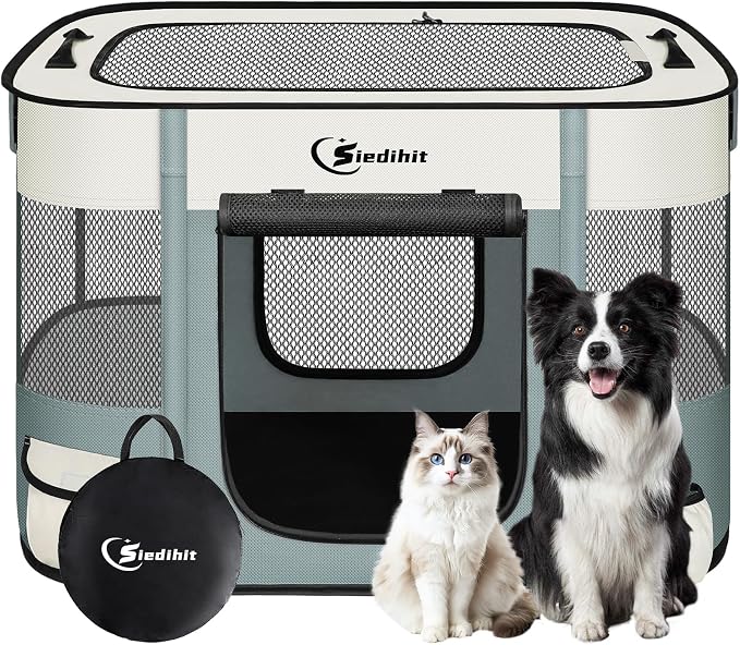 Siedihit 31" Dog Playpen,Cat Puppy Pen, Pet Portable Crate Indoor Outdoor | Durable Travel Camping Use,Foldable Dog Kennel Tent Cage for Rabbit Small Animals with Carrying Case(Grey, Medium)