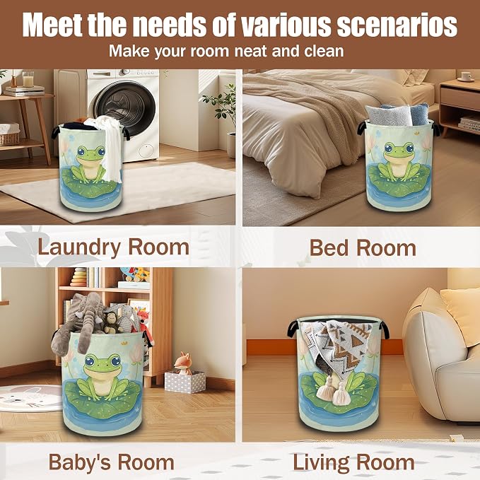 Laundry Hamper,Cute Green Frog Collapsible Laundry Baskets Waterproof Oxford Cloth With Handles,Clothes Storage Bucket Toy Organizer For Bathroom/Nursery/Bedroom 16" x 20.8"