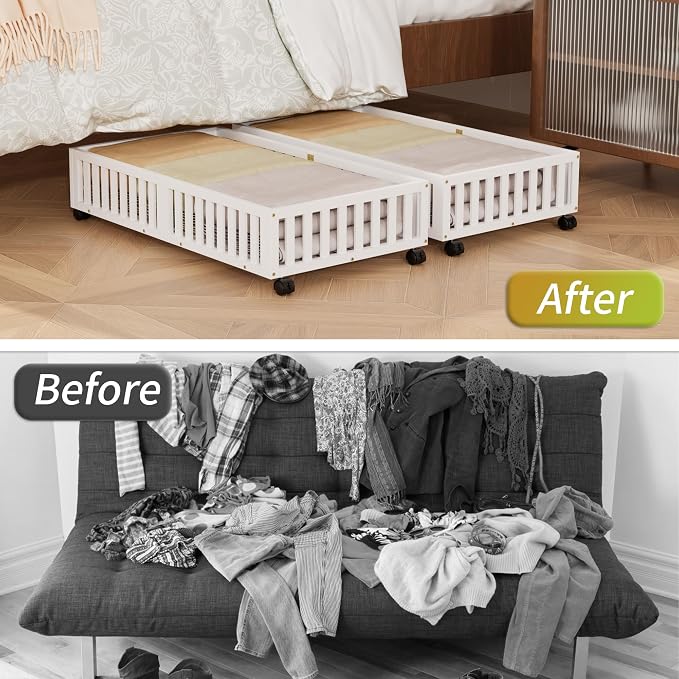 Under Bed Storage with Wheels, 2 Pcs Bamboo Drawers for Clothes and Toy | 360° wheels glide smoothly, Sturdy bamboo frames hold clothes, shoes, bedding and toys. Easy pullout access keeps rooms tidy