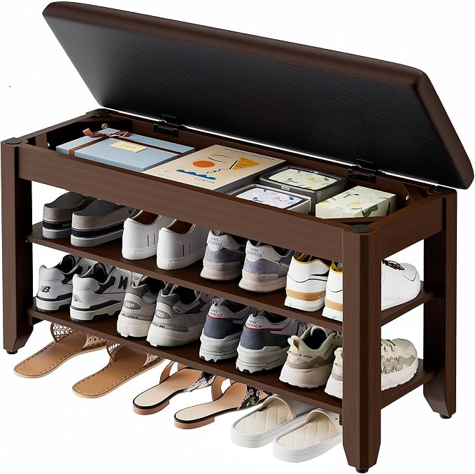 Homleke 31.5" Wide Solid Wood Shoe Rack Bench with Flip-Top Storage | 2-Tier Entryway Bench with Cushion, Adjustable Shelf, Holds Up to 8 Pairs, for Hallway, Bedroom and Closet, Walnut