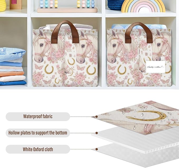 Girly Pink Bow and Floral Horse Storage Basket Foldable Cube Storage Bins with Handles&Labels Waterproof Organizer Box Bin Large Rectangle Decorative Baskets for Shelves Home Living Room Closet-2 Pack