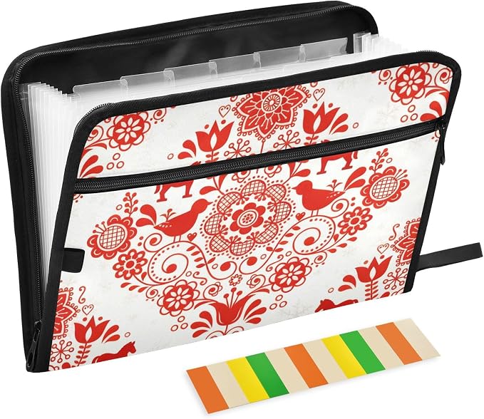 Red Nordic Folk Art Pattern Expanding File Folder with Sticky Labels, 13 Pockets Accordion File Folder Document Organizer Expandable Zip File Folder with Zipper Closure