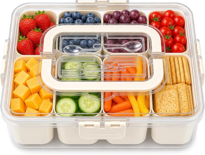 Snackle Box Container with Built-In Utensil Tray | BPA-Free 8 Compartment Divided Serving Tray, Snack Organizer & Snack Tackle Box for Adults and Kids | Portable snacklebox for Travel