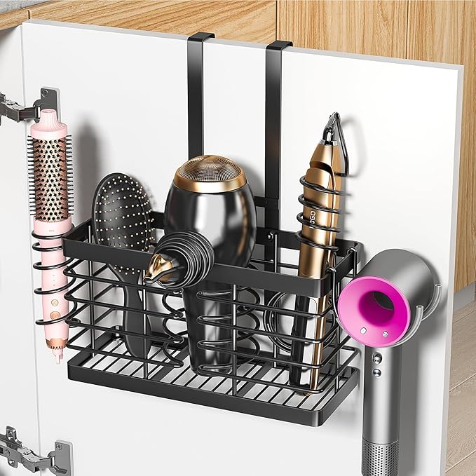 2026 Upgraded 3-in-1 Universal Hair Tool Organizer, L Size, Black | Adjustable Height Metal Hair Dryer Holder, Wall Mounted, Over Cabinet Door, Countertop, Bathroom Storage