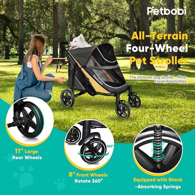 Petbobi Dog Stroller for Large Medium Dogs up to 80 lbs, Dual Entry | One-Hand Fold, One-Foot Brake, All Terrain 360 Swivel Front Wheel, Heavy Duty Air Mesh Wagon, Low Step-In for Senior Pets