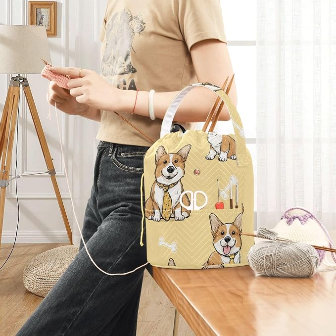 Tatenale Crochet Bag Yarn Bag Knitting Project Bag with Pockets and Handle Portable Yarn Storage Organizer Tangle Free 8.3x11 InchYellow Cute Corgi and Bones42
