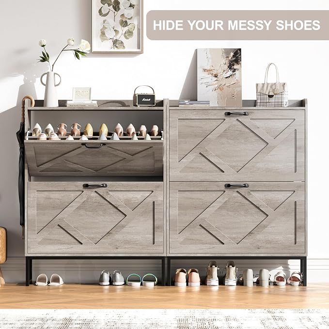 Shoe Storage Cabinet with 2 Flip Drawers, Freestanding Shoe Organizer, Shoe Cabinet with Metal Legs, Narrow Shoe Rack Cabinet, Farmhouse Slim Shoe Cabinet for Entryway, Hallway, Rustic Gray