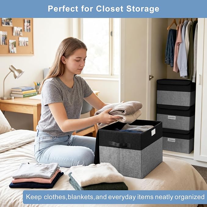 Large 22 Quart Linen Fabric Foldable Storage Bin Cube Organizer Basket with Flip-Top Lid & Handles, Clothes Blanket Box for Home, Office, Closet, Black & Gray, 4 Pack 14.6 x 9.5 x 9.5