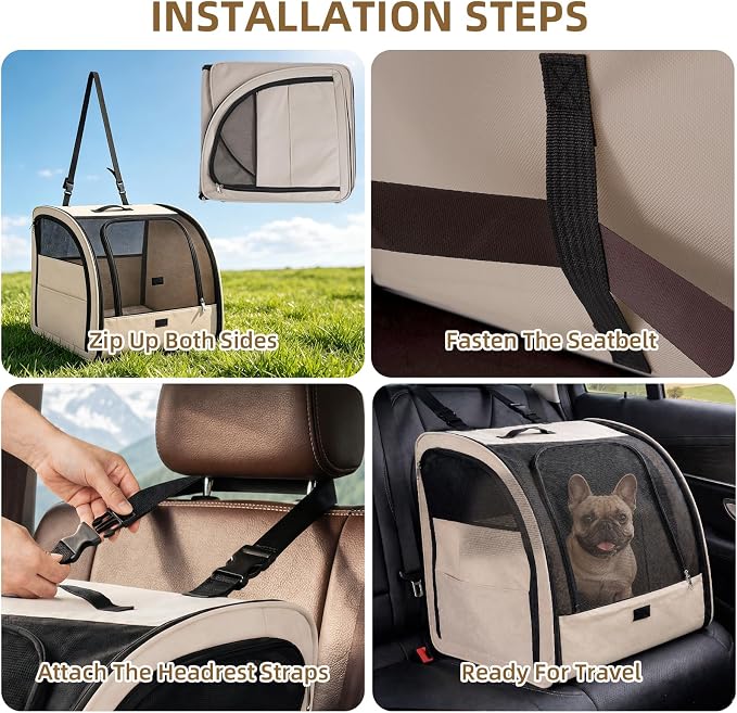 Dog Car Seat for Small Medium Dogs & Cats, Soft-Sided, Beige | Collapsible Pet Travel Carrier, Breathable Mesh, Car Kennel Secured with Seatbelt, Washable Pad, Enclosed Backseat Dog Crate