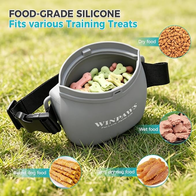 Silicone Dog Treat Pouch with Poop Bag Holder,Waterproof Magnetic Close Sealable Fanny Pack with Adjustable Waist Belt, Pet Puppy Training Essentials, One-Handed Opening with Press & Magnetic (Grey)