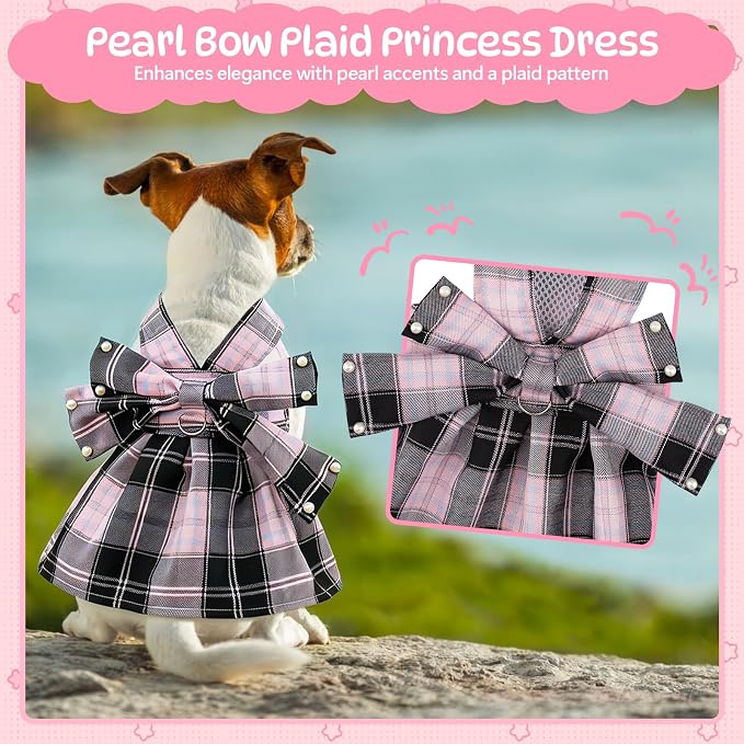 Coppthinktu Plaid Dog Dresses for Small Dogs Girl Bowknot Harness Leash Set