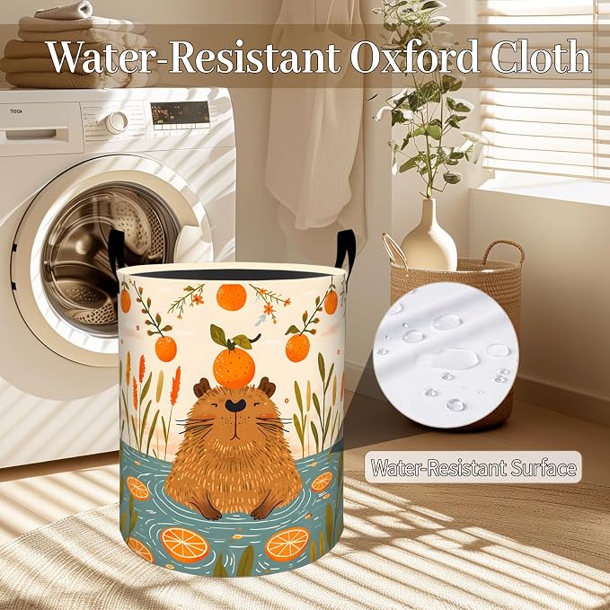 Capybara Laundry Basket, Cute Orange Fruit Foldable Oxford Cloth, Waterproof Dirty Clothes Hamper with Handles, Clothing Storage Bin Toy Organizer for Bedroom Dorm Bathroom, 19.7"x15.7"