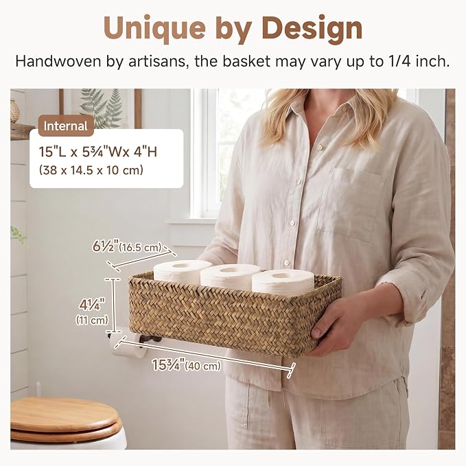 StorageWorks Small Toilet Paper Basket for Back of Toilet Basket, Brown | Wicker Seagrass Baskets for Bathroom Decor, Decorative Bathroom Basket Organizer for Tank Topper, 2 Pack