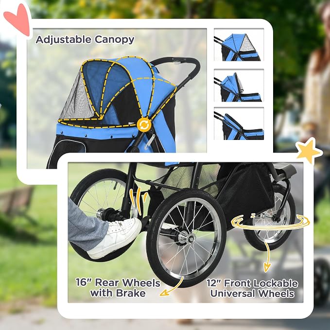 PawHut 3 Wheels Pet Stroller Foldable Jogger for Medium Dogs Blue | Adjustable Canopy, Safety Tether, Cushion, Storage Basket, Portable for Meidum Dogs and Cats