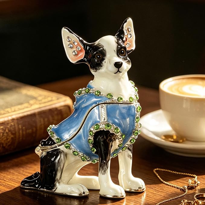 Hand Painted Enamel Chihuahua Trinket Box, Hinged Metal Vintage Jewelry Treasure Organizer
