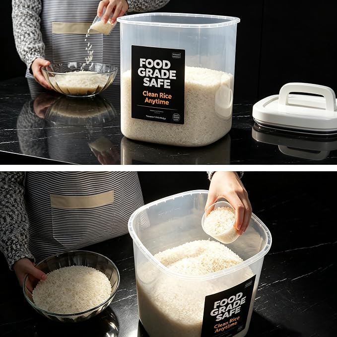 10 Lbs Rice Container Storage with Measuring Cup | 10lbs /5.0 Qt Capacity, Storage Rice & Cereal & Pet & Laundry Pod Bin, Kitchen Bathroom Pet Food Pantry