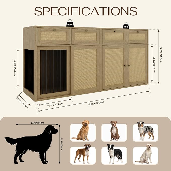 PureCozy 2-Piece Dog Crate Furniture, Left, 80 Inch, Light Oak | Left-unit kennel with metal sliding door plus cane storage cabinet and 4 total drawers; furniture-style indoor console.
