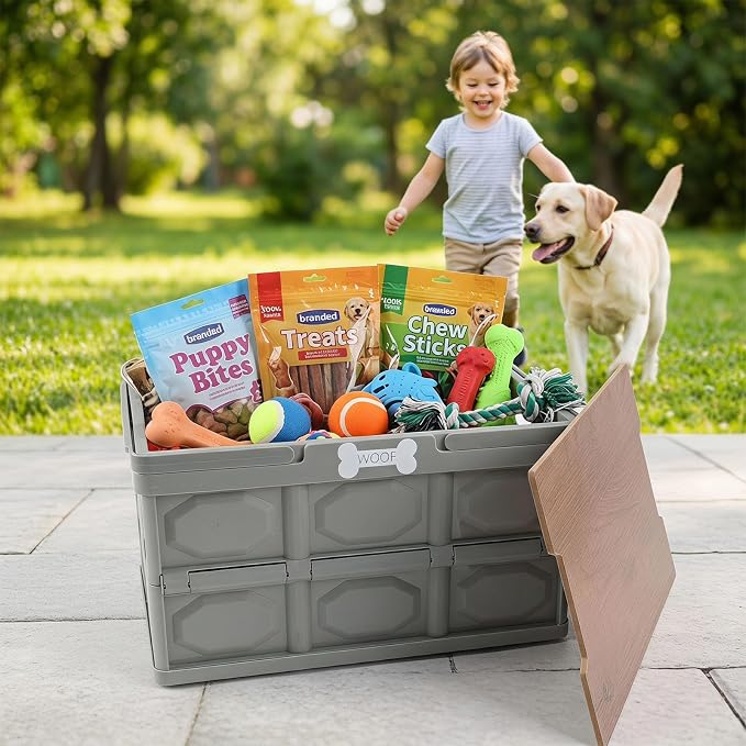 Morezi Outdoor Dog Toy bin chew Proof Box Storage in Plastic Foldable Designed Dog Stuff Organizer Great for pet Food organizing Toys leashes Clothing in Outside Gray