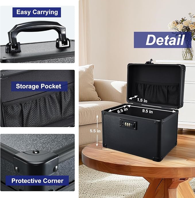 Lockable Security Storage Box - Shiny Black Safe Combination Lock Box, Cabinet Med Organizer, 10 x 7 x 7.9 Inches Safe Case for Documents, Valuables, Medicine & Money