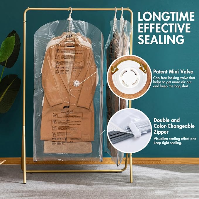 TAILI Hanging Vacuum Storage Bags for Clothes Space Saver 6 Combo Clear | Vacuum Seal Bags for Clothing Travel, Winter Clothes Storage Closet Organizers, Garment, Coats, Suits and Jackets