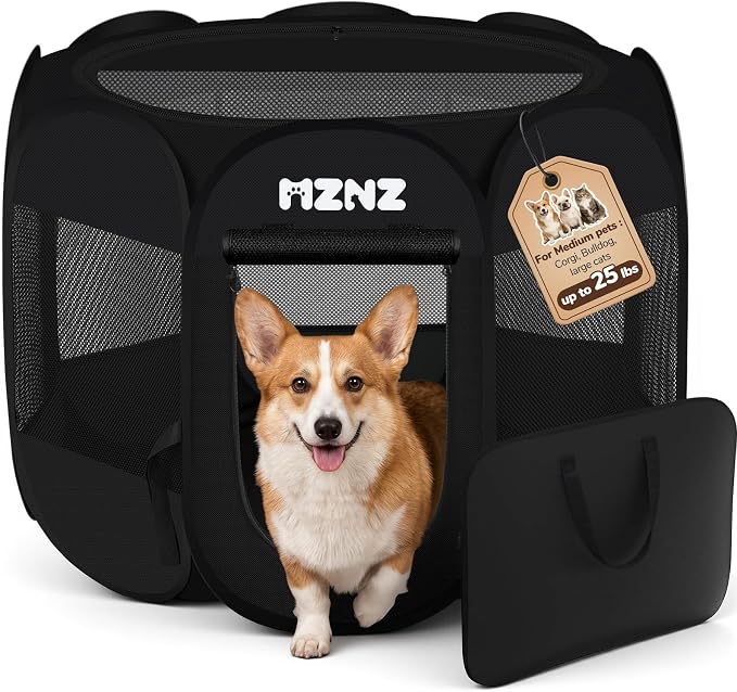 Dog Cat Small Animal Puppy Playpen Crate, Medium, Whole Black | Portable Pop Up Pet Cage Enclosure Tent Kennel Indoor Outdoor with Carrying Case, No Assembly, Camping Use