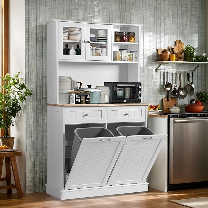 LOUVIXA 68.4" Kitchen Pantry Storage Cabinet, Freestanding Cupboard with Shelf, 2 Drawers and 1 Tilt Out Trash Cabinet, Tall Cabinets for Kitchen, Dinning Room, Living Room (White, Double Tilt)