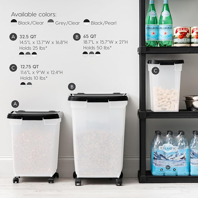 IRIS USA Dog Food Storage Container, Up to 25 lbs, Pearl/Black, Made in USA | Wheels for Mobility, Airtight Seal, BPA-Free, Best for Bird Seed, Cat food, Cat Litter, Chicken Feed, Pellets