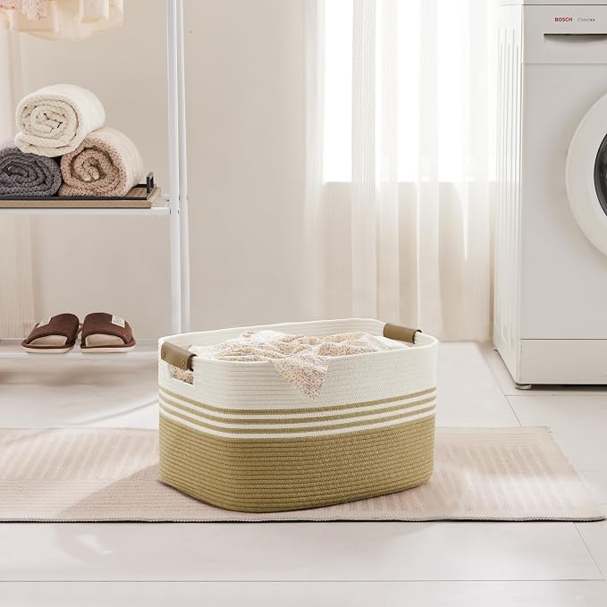 45L Small Woven Laundry Basket Hamper with Leather Handles,Khaki | collapsible wicker hamper, storage for dirty clothes, toys, blankets, gifts, living room, bedroom, bathroom, 18"x14"x11"