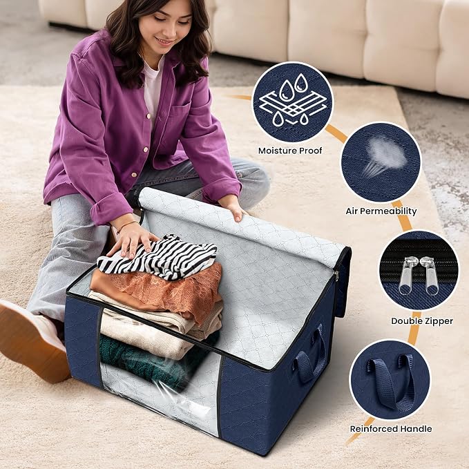 6 Pack Storage Bags for Clothes Blanket Storage Bins with Lids | Foldable Closet Organizers with Zippers,Window and Handles,Fabric Storage Bins for Sweater,Comforter,Bedding,Dorm essentials