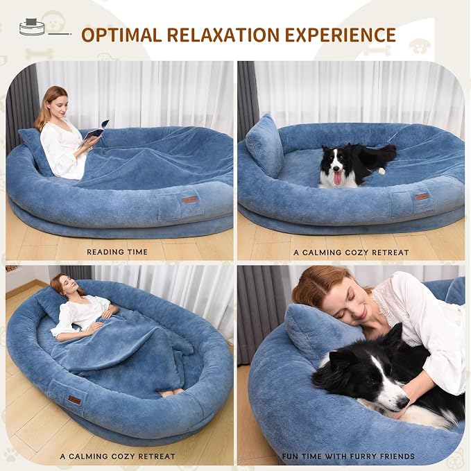 Fvkind Human Dog Bed, Adult Dog Bed for Humans, 70"x33"x12", Blue | Dog Bed for Humans, Human Size Dog Bed, Thick Orthopedic Foam, Soft Plush Faux Fur Cover, Blanket and Pillow Included