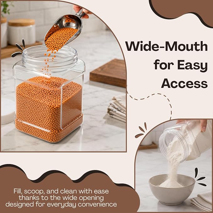 Pride of India Clear Food Grade PET Plastic Jar – 48 Fluid Ounce | Square-Grip Plastic Containers for Snacks, Candy, Cereal, Pet Food, Kitchen, Pantry & Household Storage (4-5 Cup Storage Capacity)