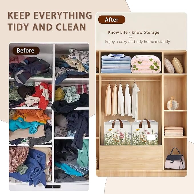 Floral Meadow Storage Basket Large 17x11.5x10.5 Inche-Collapsible Fabric Organizer Bin with Handles for Garden Party, Boho Decor, Living Room-Decorative Hamper with Field Flower Pattern-Single Pack