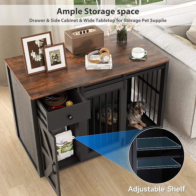 Verano Garden 44" Dog Crate Furniture, Dog Kennel (44" Left Facing Door) | 2-in-1, Lockable, Sliding Door, Removable Divider, Adjustable Shelf, Farmhouse, Heavy Duty, Small Medium Dogs, Black