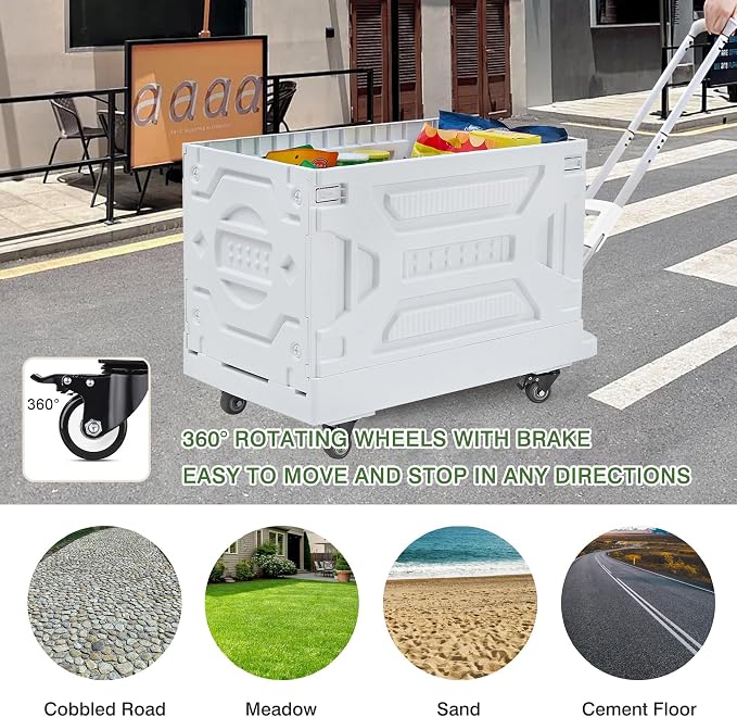 VECELO 23 GAL 2-in-1 Foldable Shopping Cart, Collapsible Utility Cart with Adjustable Handle & 360° Wheels, Dual-Mode Rolling Crate (Basket/Flatbed) for Groceries, Camping, Compact Storage, White