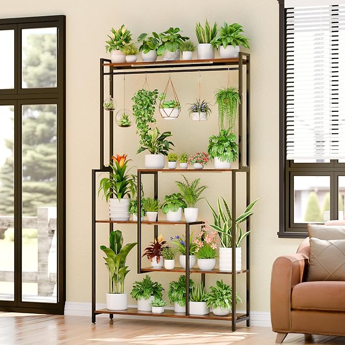 MJOMKN Large Plant Stand Indoor with Grow Light, 72" Tall, 5 Tiers | Metal Plant Shelf, 12 Pots Holder, Heavy-Duty Rectangle Display Rack, For Living Room, Patio, Corner