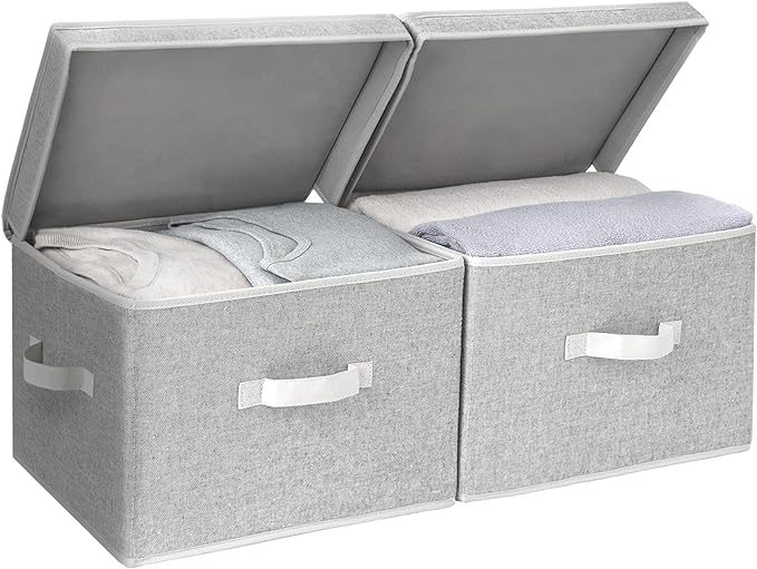 StorageWorks Fabric Storage Bins with Lids, Closet Storage Bins | Flip-Top Lid, 3 Handles, Collapsible, Stackable, for Clothes Blankets, Multi-Purpose, Large, Gray, 2-Pack