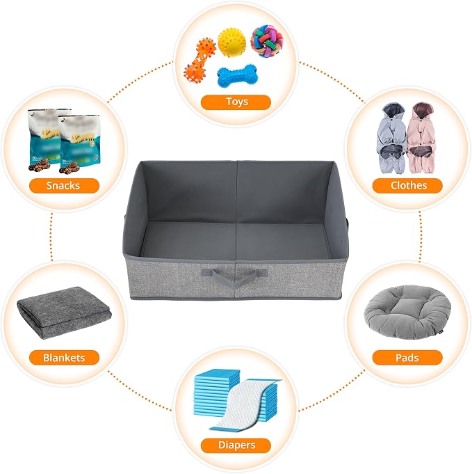 2 Pack Dog Toy Basket, Collapsible Dog Toy Bin with Handles, Gray | Large Capacity Trapezoid Toy Box for Living Room Area, Low Front for Short-Legged Dogs, Organize Pet Supplies & Home Storage