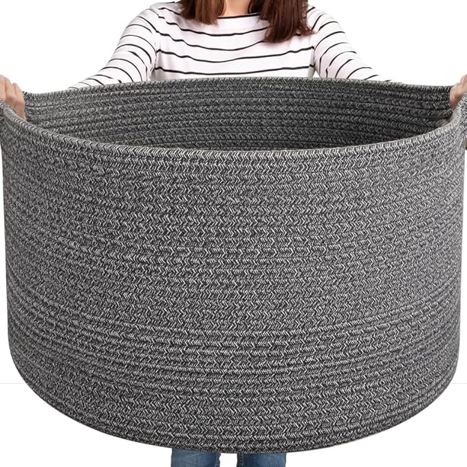 OIASKET Large Woven Baskets for Storage, 22.8" x 22.8" x 13" Blanket Storage Living Room, Baby Toy Basket for Clothes, Pillows, Towels, Shoe Basket for Entryway (Dark Grey)