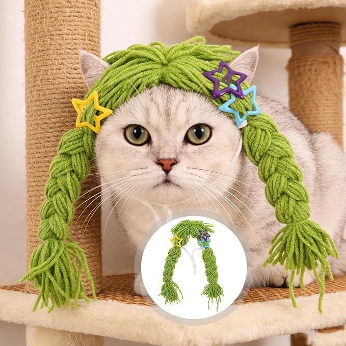 BETOOKY Reusable Green Yarn Cat Wig with Braided Pigtails, Lightweight and Nonirritating Pet Costume Wig Featuring Clip-on Fastener for Photoshoot and Holiday Celebrations