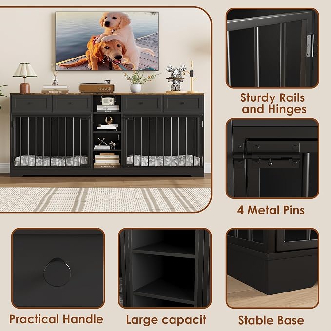 GarveeHome 82" Double Dog Crate Furniture with Drawers and Shelves, Black | Heavy Duty Wooden Dog Crate TV Stand, Large Dog Kennel Indoor for 2 Medium/Large Dogs