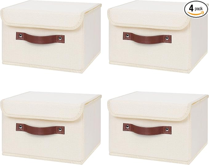 ANMINY Fabric Storage Box Bins with Lids, Beige, 10"x8"x7", 4 Pack | Keepsake Memory Storage, Cotton Linen, PP Board Reinforced, Washable, PU Handles, Foldable & Stackable, Decorative, Small
