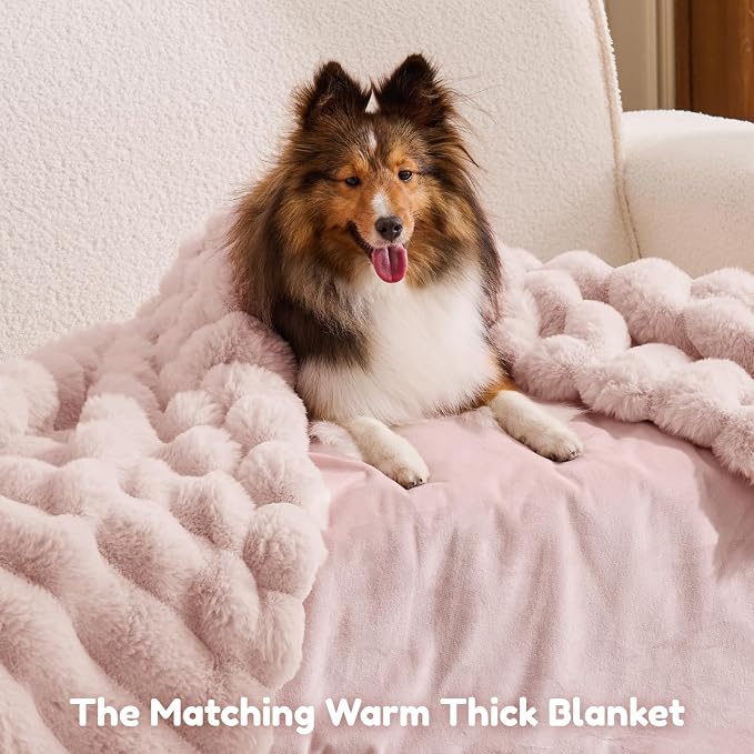 ChiXnuggle Orthopedic Human Dog Bed,Striped Faux Fur Washable Cover,Blanket | pink,72*40*10,giant dog bed for adult or extra large dogs,egg crate foam,non-slip bottom